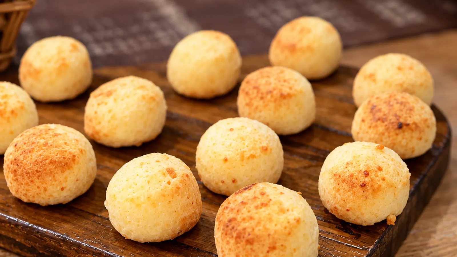 Pão de queijo proteico Protein+ assado na tábua de madeira